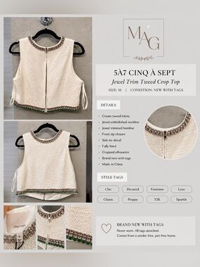 cinq a sept Cream Tweed Jewel Trim Cropped Top